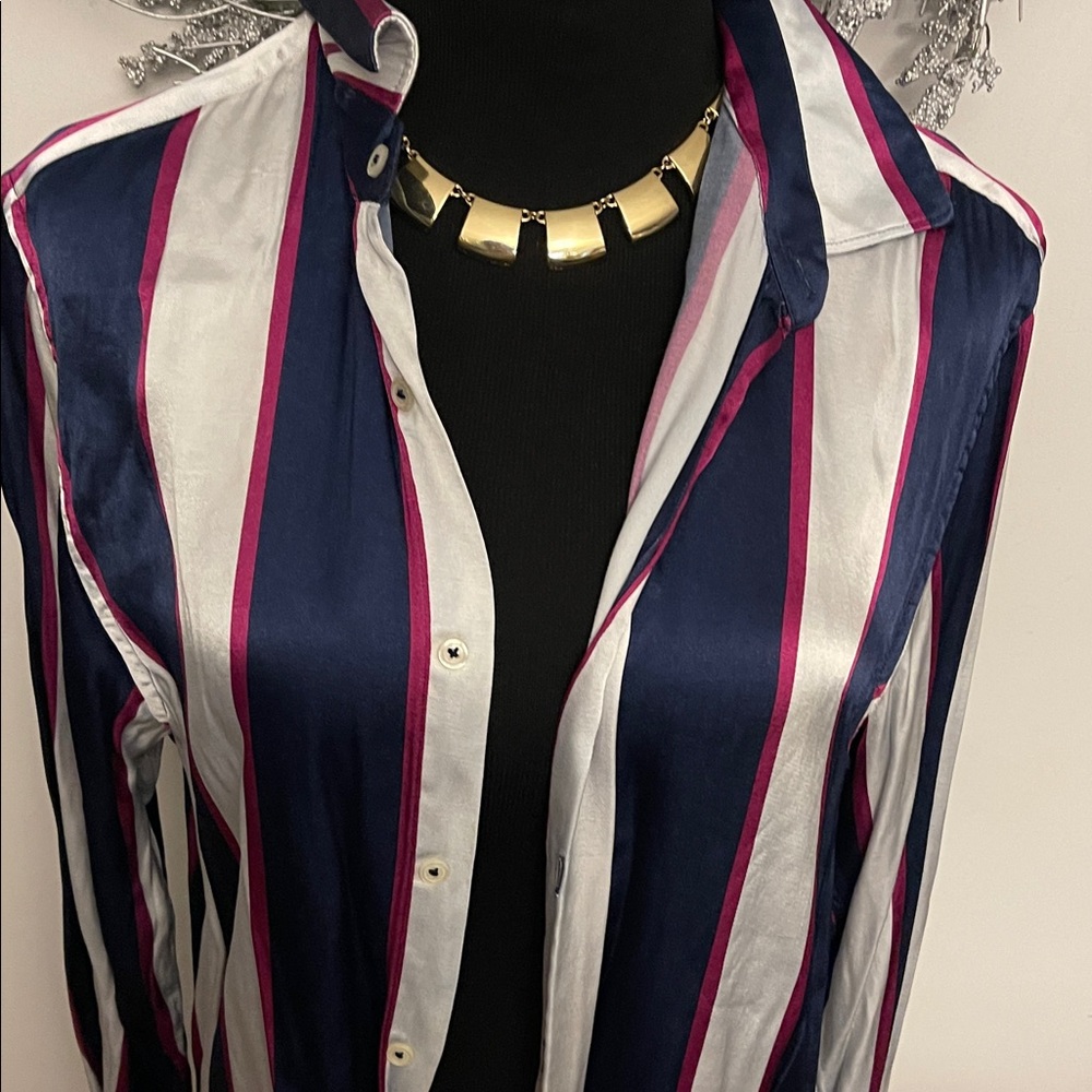 Zara Navy, Pink, and White Striped Button Down Shirt - Picture 2 of 7
